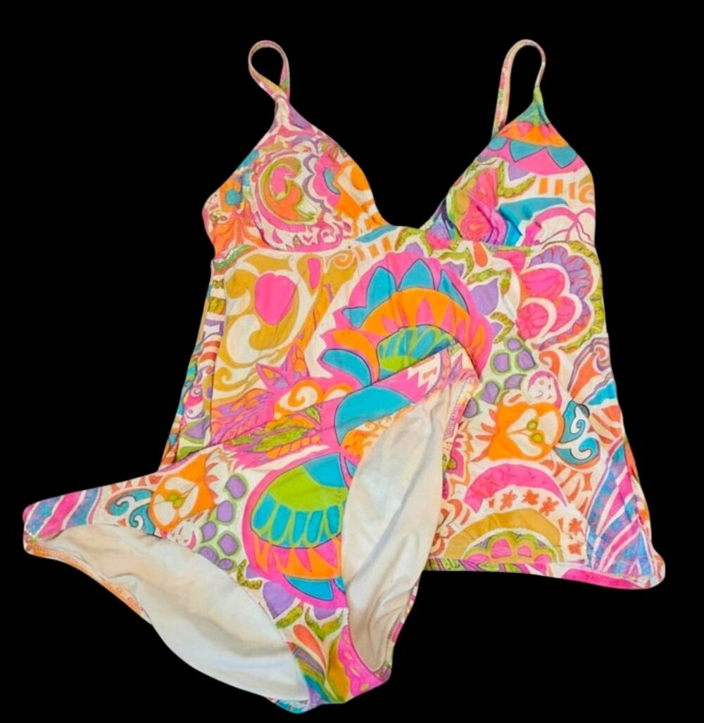 Trina Turk Colorful Mod Print Tankini Set Size 10 Retro Resort Swim Y2K Poolside